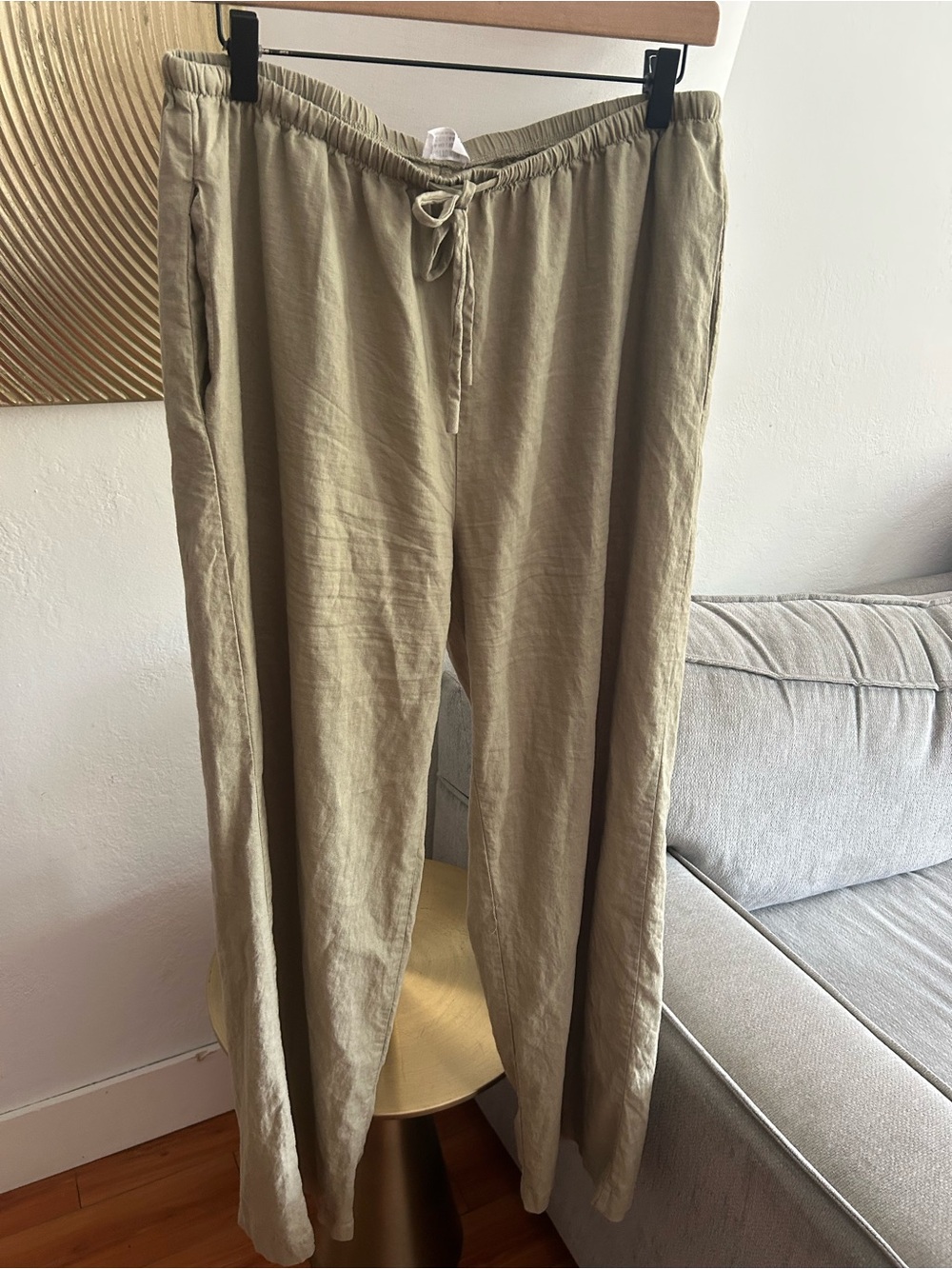Linen Blend Olive Green Pants Size 10 High Waist Wide Leg Beach Lounge Cruise